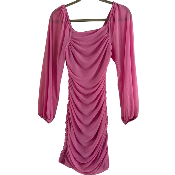 Lilac Women’s Square Neck Lantern Long Sleeve Mesh Ruched Bodycon Dress Sz Small - Picture 3 of 7